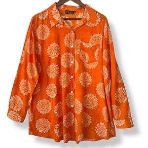 KikiSol XL Orange Mandala Print 100% Cotton Button Up Shirt Cover Up Tunic Beach